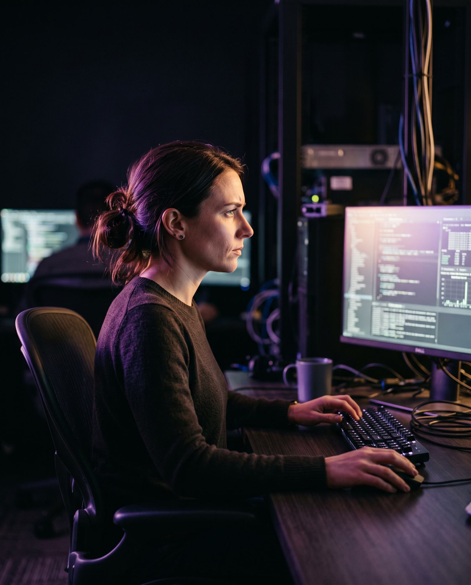 Analist van Vigil die een melding onderzoekt op een monitor