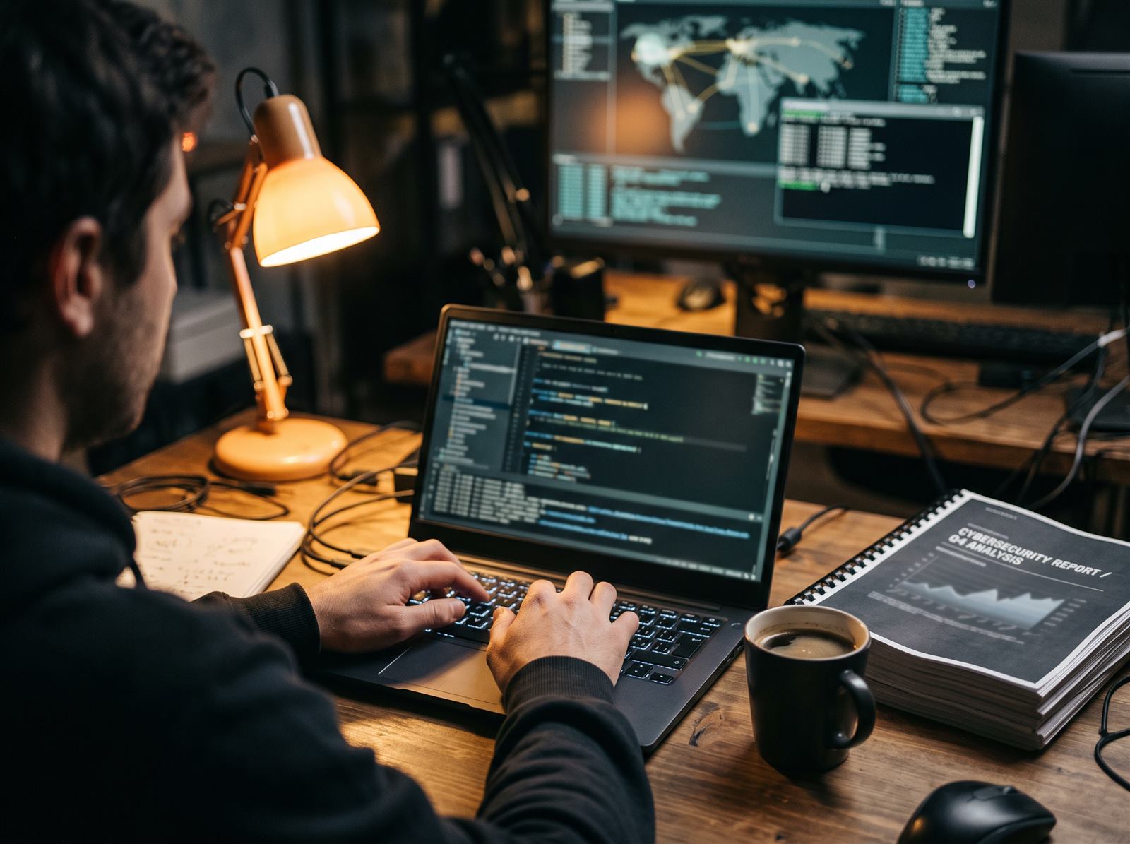 Bureau van een onderzoeker van Vigil, met een concept-rapport en laptop